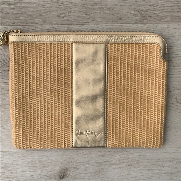 Lilly Pulitzer Southside Gold and Tan Clutch straw woven shimmer summer - Picture 2 of 12